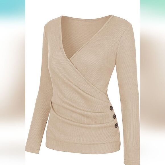 NWT MIMIGOGO  Brown  Long Sleeve Wrap Waffle  Knit TopButton       Size S - Picture 3 of 13